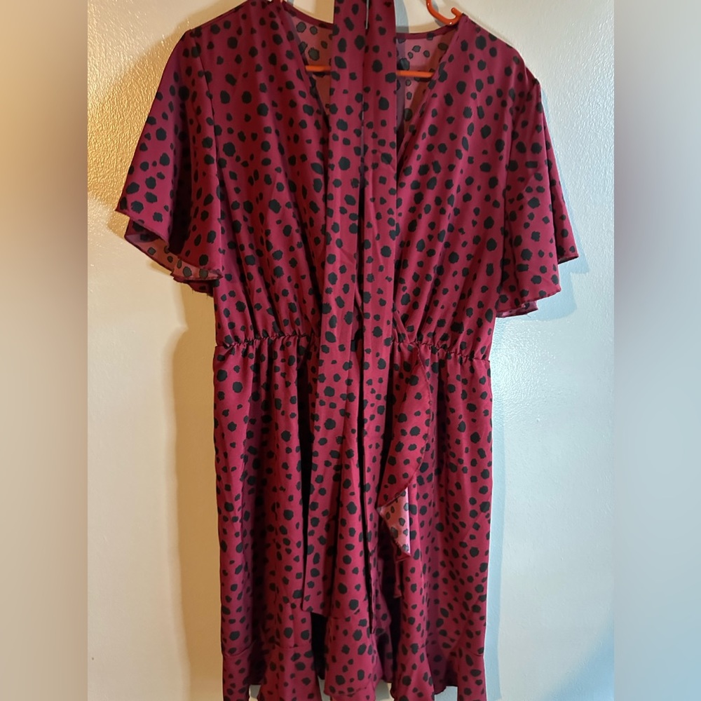 Maroon dress with black spot print
